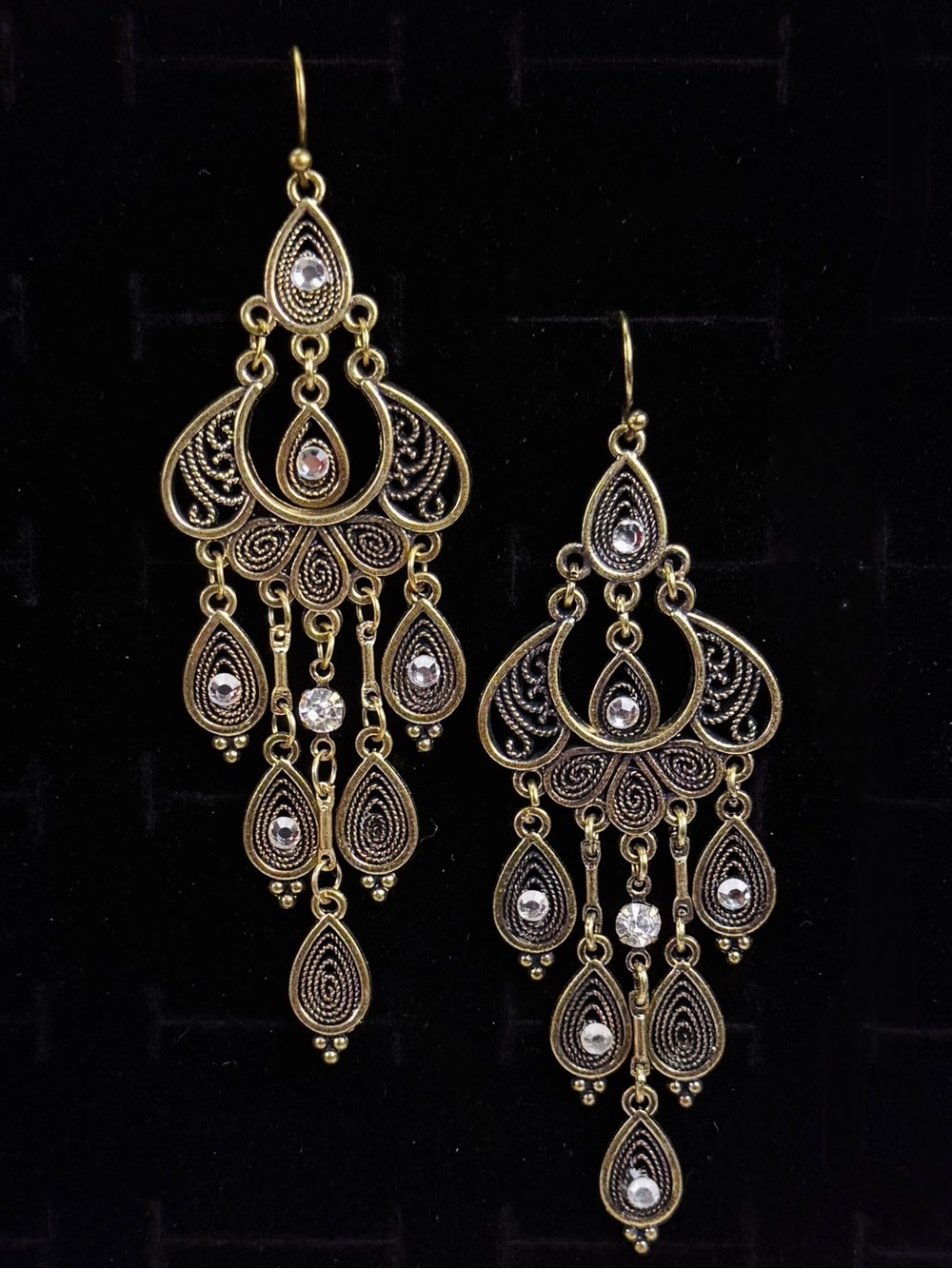 Vintage brasstone, Bohemian chic, fringe, long pierced earrings